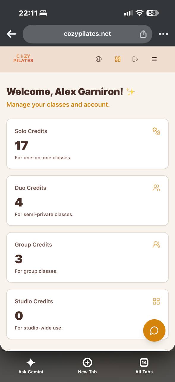 Compte et crédits Cozy Pilates sur téléphone
