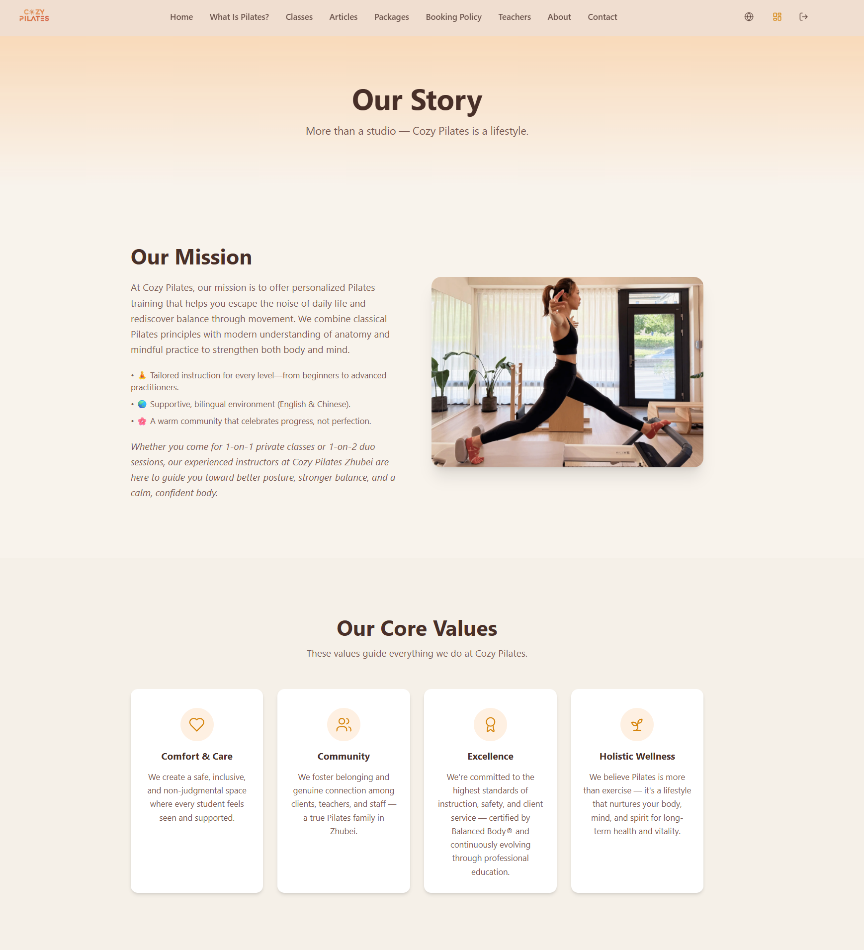 Page Our Story du site Cozy Pilates