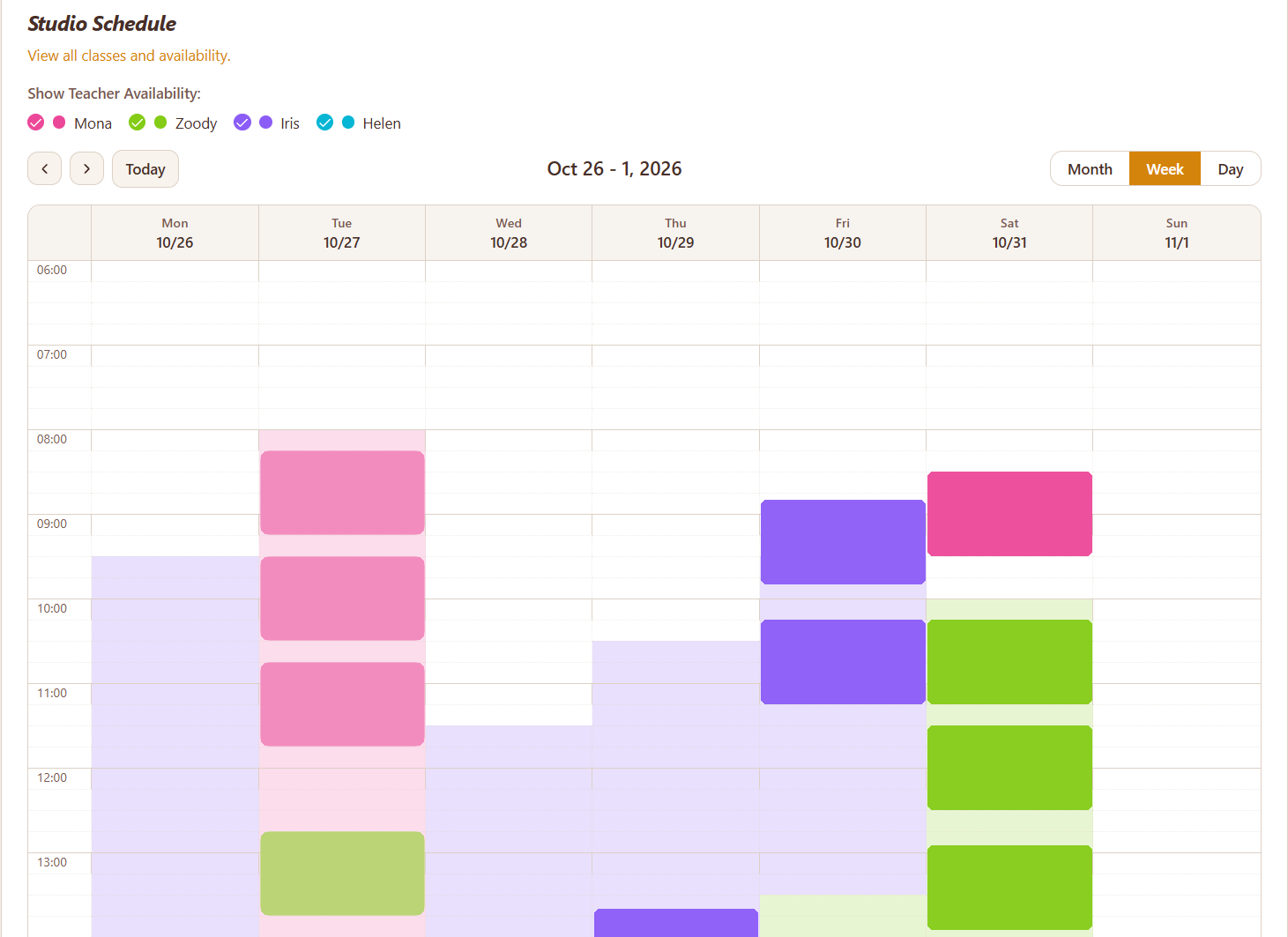 Planning des cours, prénoms des clients masqués