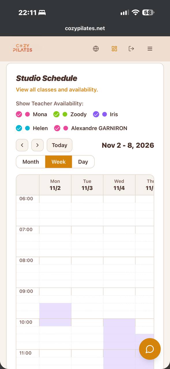 Planning Cozy Pilates sur téléphone